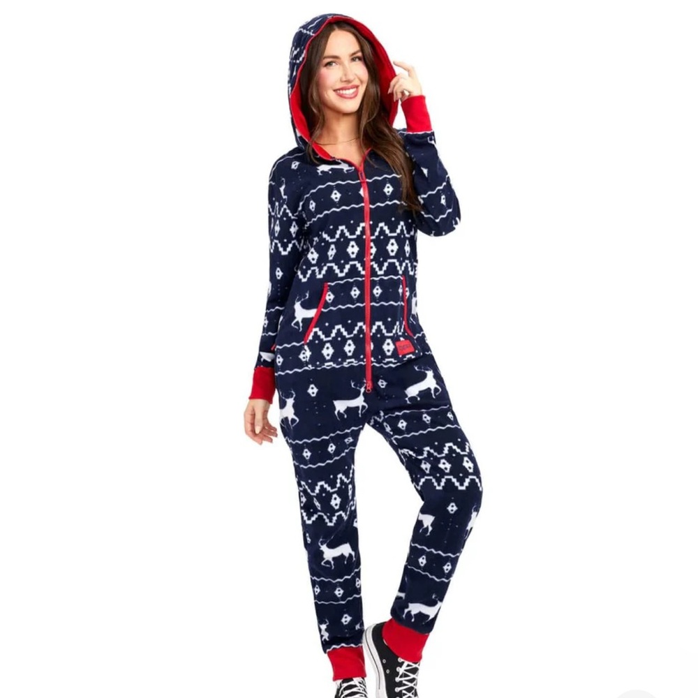 Tipsy Elves Women’s Blue Reindeer Jumpsuit Christmas‎ SZ S